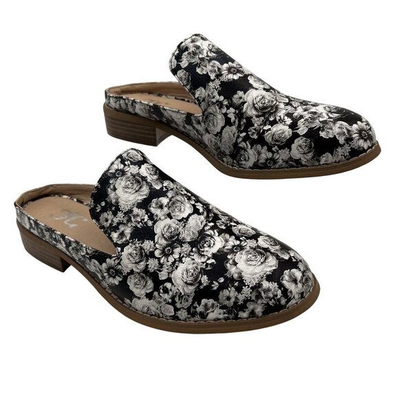 Journee Collection JC Womens 7 Black White Floral Slip On Mules Casual Office - Picture 2 of 9
